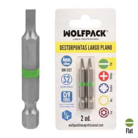 PUNTAS DESTORNILLADOR LARGO PLANO 4 MM. (2 PIEZAS). ACERO S2 AL CROMO VANADIO. PUNTAS HEXAGONALES, DESTORPUNTAS,