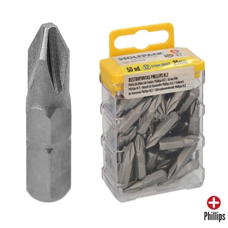 PUNTAS DESTORNILLADOR PHILLIPS Nº 2 (50 PIEZAS). ACERO S2 AL CROMO VANADIO. PUNTAS HEXAGONALES, DESTORPUNTAS,