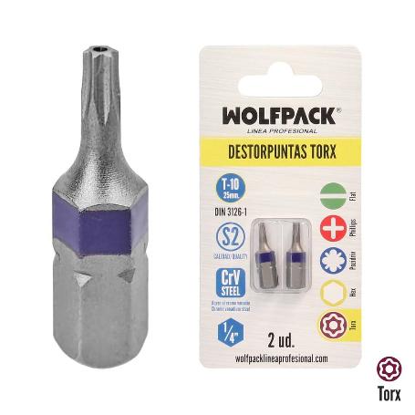 PUNTAS DESTORNILLADOR TORX 10 INVIOLABLE (2 PIEZAS). ACERO S2 AL CROMO VANADIO. PUNTAS HEXAGONALES, DESTORPUNTAS,
