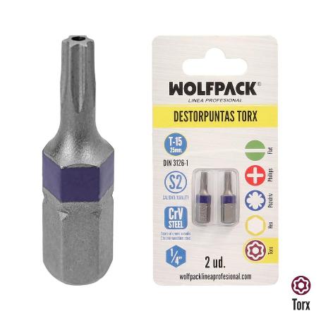 PUNTAS DESTORNILLADOR TORX 15 INVIOLABLE (2 PIEZAS). ACERO S2 AL CROMO VANADIO. PUNTAS HEXAGONALES, DESTORPUNTAS,
