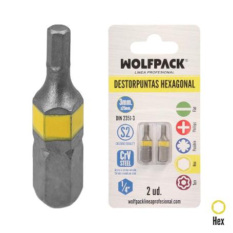 PUNTAS DESTORNILLADOR HEXAGONAL 3,0 MM. (2 PIEZAS). ACERO S2 AL CROMO VANADIO. PUNTAS HEXAGONALES, DESTORPUNTAS,