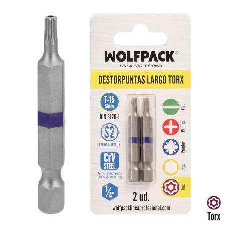 PUNTAS LARGAS DESTORNILLADOR TORX T15 (2 PIEZAS). ACERO S2 AL CROMO VANADIO. PUNTAS HEXAGONALES, DESTORPUNTAS,
