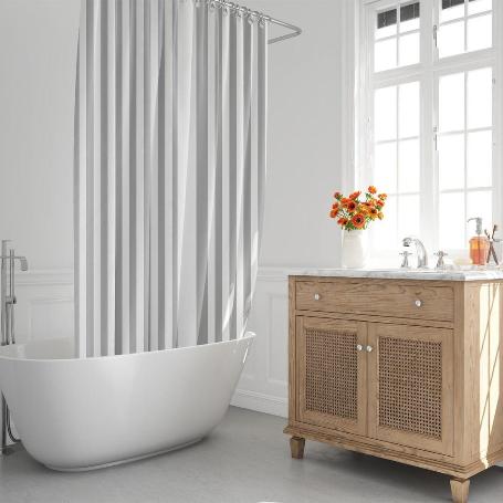CORTINA DUCHA RAYAS BLANCAS 180X200 CM. IMPERMEABLE