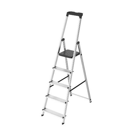 ESCALERA ALUMINIO 5 PEDAÑOS USO DOMESTICO CERTIFICADA EN 131 CON BANDEJA PARA HERRAMIENTAS.