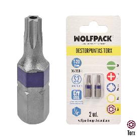 PUNTAS DESTORNILLADOR TORX 20 INVIOLABLE (2 PIEZAS). ACERO S2 AL CROMO VANADIO. PUNTAS HEXAGONALES, DESTORPUNTAS,
