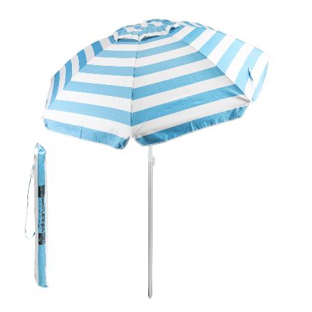 SOMBRILLA PLAYA ALUMINIO / POLIESTER Ø 200 CM. AZUL Y  BLANCA. VARILLAS FIBRA DE VIDRIO. PROTECCIÓN UV. SISTEMA ANT