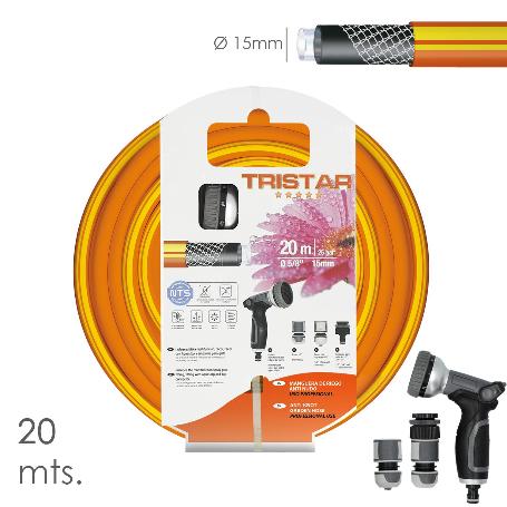MANGUERA TRICOTADO NO TORSION 15 MM. - 5/8 ROLLO 20 METROS CON KIT DE RIEGO