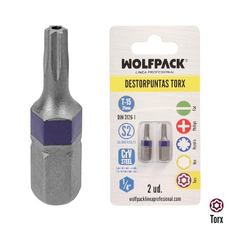 PUNTAS DESTORNILLADOR TORX 15 INVIOLABLE (2 PIEZAS). ACERO S2 AL CROMO VANADIO. PUNTAS HEXAGONALES, DESTORPUNTAS,