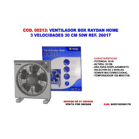 RAYDAN VENTILADOR BOX HOME 3 VELOCIDADES 30 CM 50W REF 26017