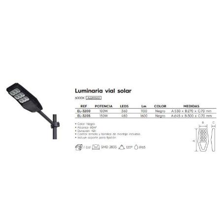 LUMINARIA FAROLA LED SOLAR 100 W 6000K IP65 A530XB270X70MM