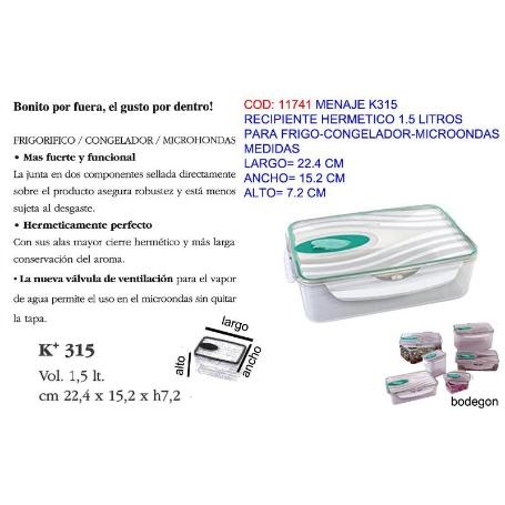 FINSTOCK SRECIPIENTE 1.5 LT K315   22.4X15.2X  7.2 CM HERMETICO