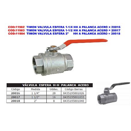 PLUVIA VALVULA LLAVE PASO ESFERA 1-1-2 HH A PALANCA 20017