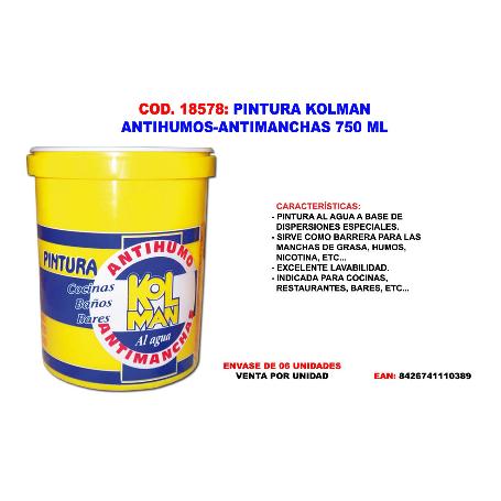 PINTURA KOLMAN ANTIHUMOS-ANTIMANCHAS-GRASA AL AGUA BLANCA 750 ML