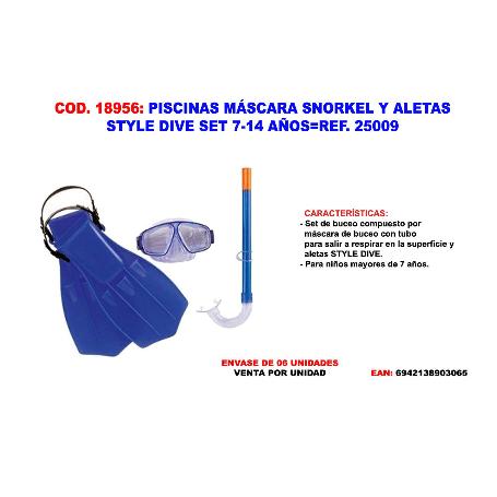 PISCINAS MASCARA SNORKEL Y ALETAS STYLE DIVE SET 7-14 AÑO 25019