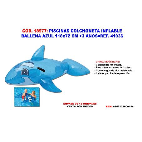 PISCINAS COLCHONETA INFLABLE BALLENA AZUL 118X72 CM+3 AÑOS 41037