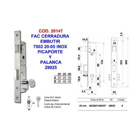 FAC FINSTO CERRADURA EMBUT 7002 20-05 INOX PICAPORT+PALANC 29025