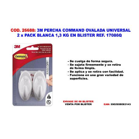 3M PERCHA COMMAND OVAL  UNIVERSAL BLAN 2 GANCHOS  1.3 KG 17081
