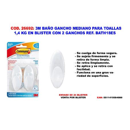 3M BAÑO GANCHO MEDIANO PARA TOALLAS 1,4 KG  2 GANCHOS BATH18ES