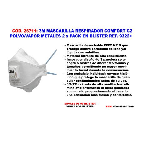 BAJA 3M MASCARILLA 9322C2 RESPIRADOR POLVO-VAPOR METALES 2UND