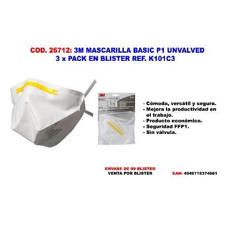 BAJA 3M MASCARILLA BASIC K101C3 P1 UNVALVED 3 UND.