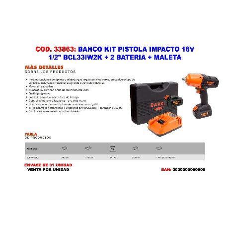 BAHCO KIT PISTOLA IMPACTO 18V 1-2 BCL33IW2K1 + 2 BAT + MALET