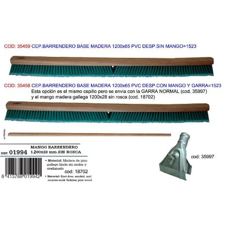 CEPILLO BARRENDERO MADERA 1200X65 PVC DESP.SIN MANGO GARRA 1523