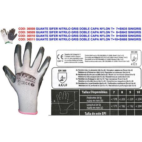GUANTE SIFER NITRILO GRIS DOBLE CAPA NYLON T-M 8 SINIGRIS IRIS (CAJA 12 UNIDADES)