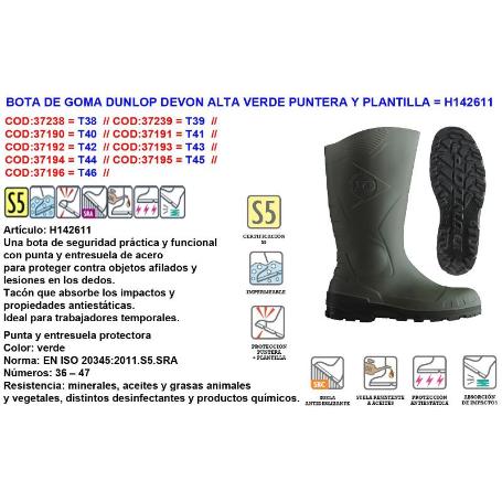 DUNLOP FINSTO BOTA AGUA GOMA VERDE PUNTER+SUELA ACERO DEVON Nº44