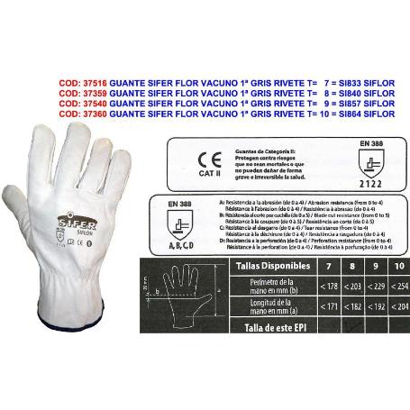 GUANTE SIFER PIEL FLOR VACUNO 1ª GRIS RIVETE T-8 BABIECA (CAJA 12 UNIDADES)