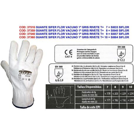GUANTE SIFER PIEL FLOR VACUNO 1ª GRIS RIVETE T-7 BABIECA (CAJA 12 UNIDADES)