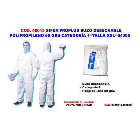 SIFER TRAJE BUZO DESECHABLE  POLIP.50GR CATEGORIA 1 TALLA XXL
