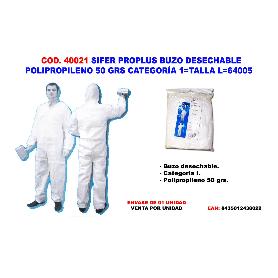 SIFER TRAJE BUZO DESECHABLE POLIP.50GR CATEGORIA 1 TALLA L