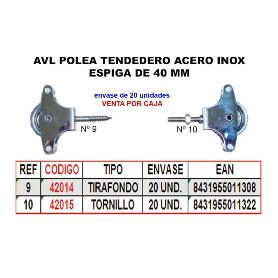 AVL POLEA TENDEDERO 9 INOX M 40MM ROLDANA METAL+TIRAFONDO HR09GS (CAJA 25 UNIDADES)