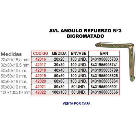 AVL ANGULO REFUERZO BICROMATADO 3   80X  80 (CAJA 0.5 UNIDADES)