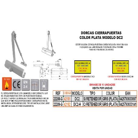 BAJA DORCAS CIERRAPUERTAS DC2-H PLATA FUERZA 2-4 C-RETENEDOR