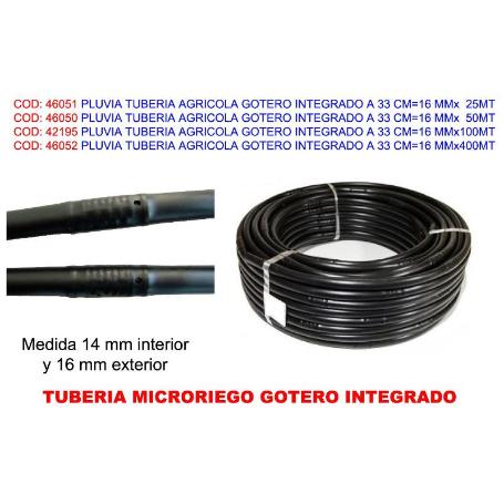 PLUVIA TUBO RIEGO PERFORADO CON GOTERO 2 L-H 33 CM 16 MMX 50MT