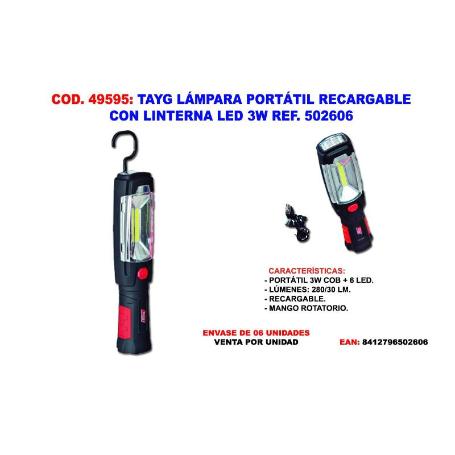 TAYG LAMPARA PORTATIL RECARGABLE CON LINTERNA LED 3W 502606