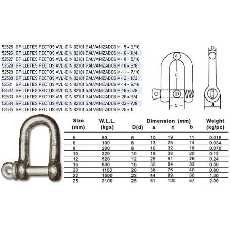 GRILLETES RECTOS AVL -DIN 82101 GALVANIZADOS M-16   5-8 (CAJA 10 UNIDADES)