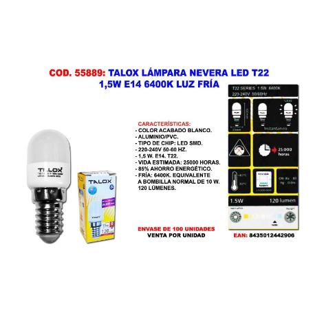 TALOX LAMPARA  BOMBILLA NEVERA FRIGORIFICO LED 1,5W E14  6000K
