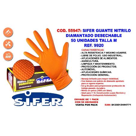 GUANTE SIFER NITRILO 9,5GR 8M DIAMANTADO NARANJA-LION C-50U T-M