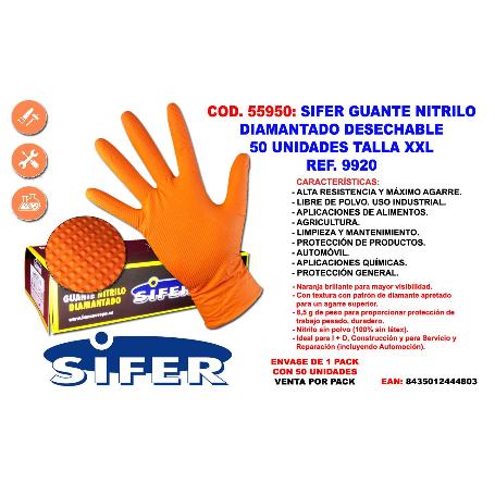 GUANTE SIFER NITRILO 9,5GR 8M DIAMANTADO NARANJ-LION C-50U T-XXL