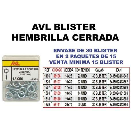 AVL BLISTER HEMBRILLA-CANCAMO CERRADA 19X60 ZINCADA  1618 (CAJA 15 UNIDADES)