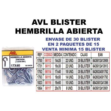 AVL BLISTER HEMBRILLA-CANCAMO ABIERTA 20X70 ZINCADA  1854 (CAJA 15 UNIDADES)