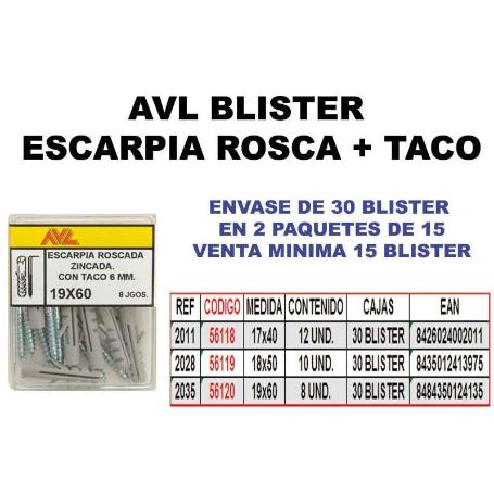 AVL BLISTER ESCARPIA ROSCA ZINCADA + TACO 17X40 2011 (CAJA 15 UNIDADES)