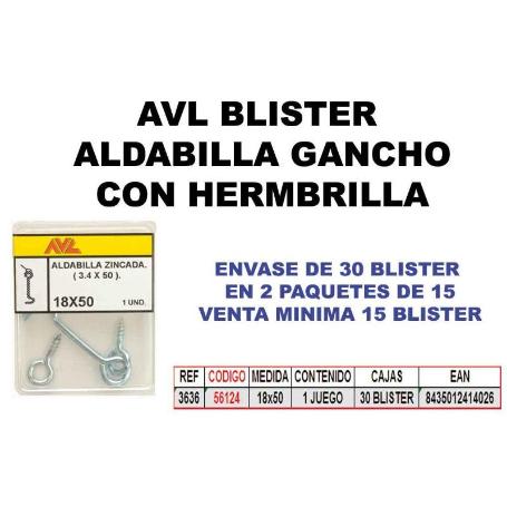 AVL BLISTER ALDABILLA GANCHO+HEMBRILLA ZINCADA 3636 (CAJA 15 UNIDADES)
