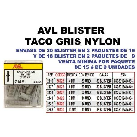AVL BLISTER TACO GRIS NYLON   5 MM     2127 (CAJA 15 UNIDADES)