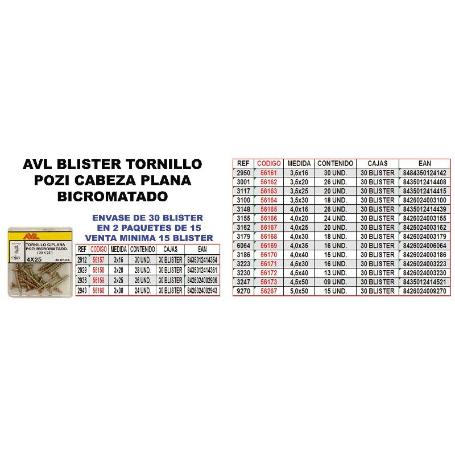 AVL BLISTER TORNILLO POZI C-PLANA 4,5X40 BICROMATADO 3230 (CAJA 15 UNIDADES)