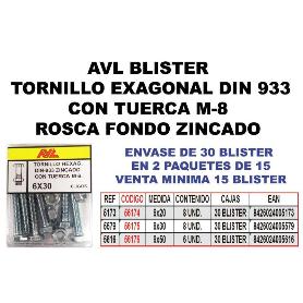 AVL BLISTER TORNILLO HEXAGONAL CON TUERCA 6X50 ZINCADO 5616 (CAJA 15 UNIDADES)