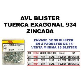 AVL BLISTER TUERCA HEXAGONAL 934 6 MM ZINCADA  2479 (CAJA 15 UNIDADES)