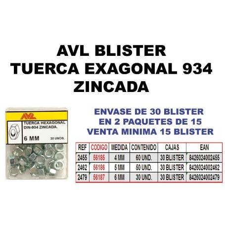 AVL BLISTER TUERCA HEXAGONAL 934 6 MM ZINCADA  2479 (CAJA 15 UNIDADES)